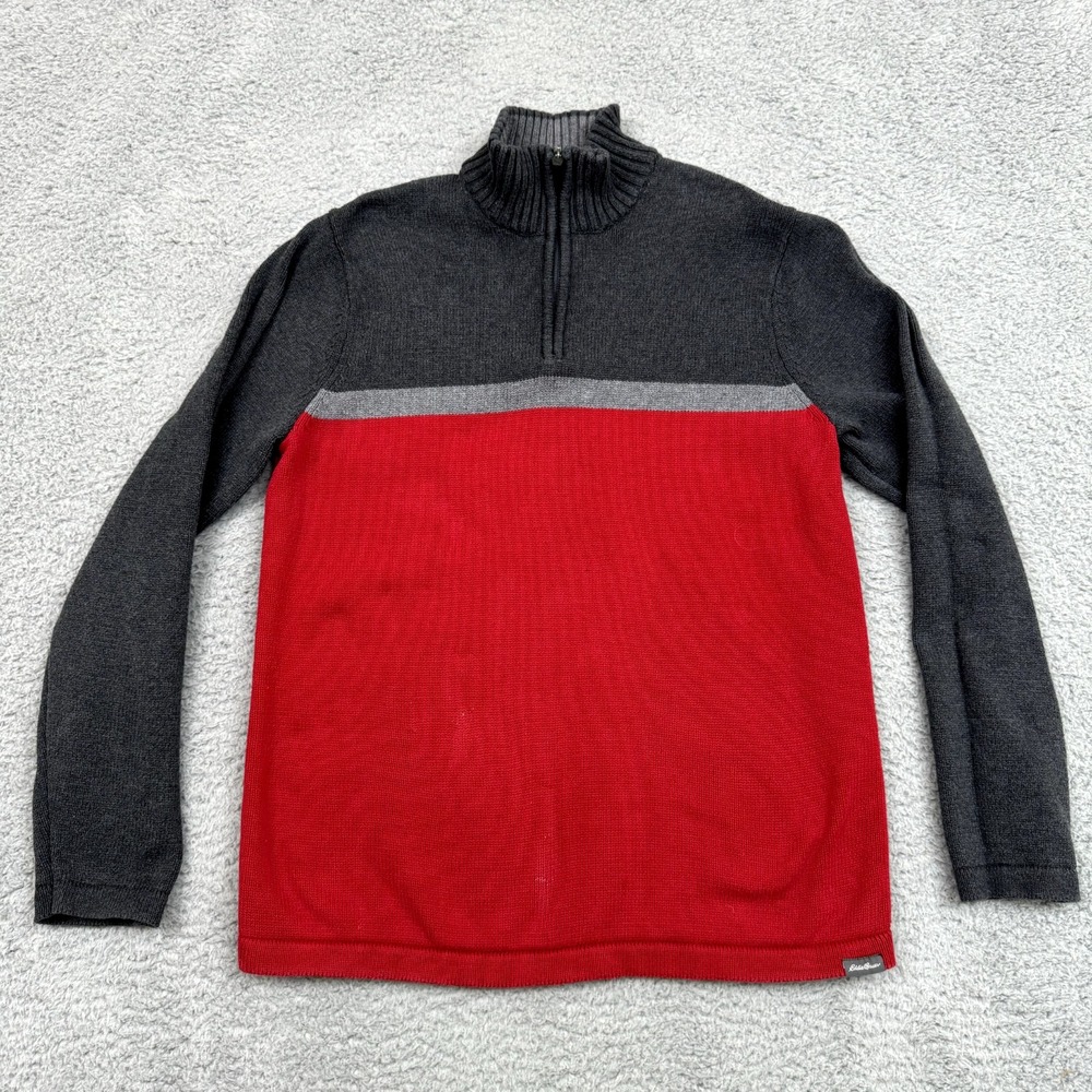 Eddie Bauer Sweater Mens M Grey Red 1/4 Zip Gorpcore Layer Outdoor Preppy Casual